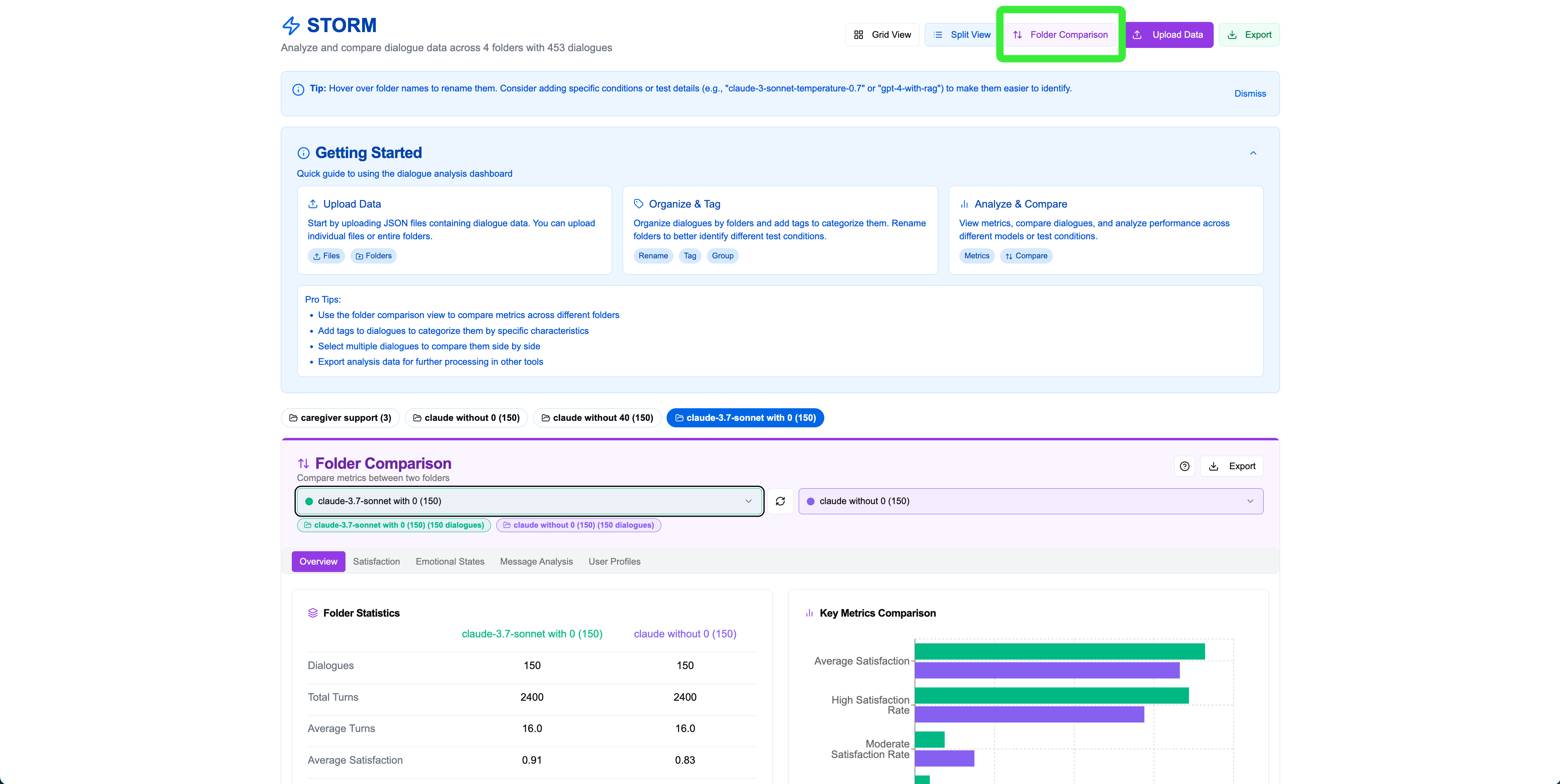 Folder comparison selection interface