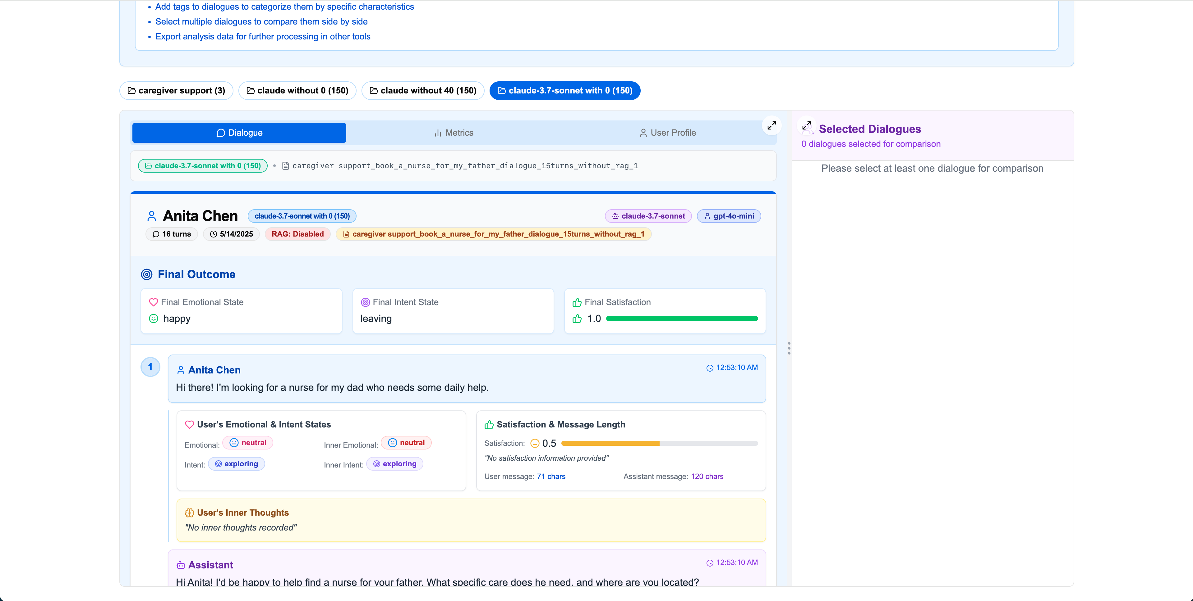 User detailed dialogue view showing all turns and states