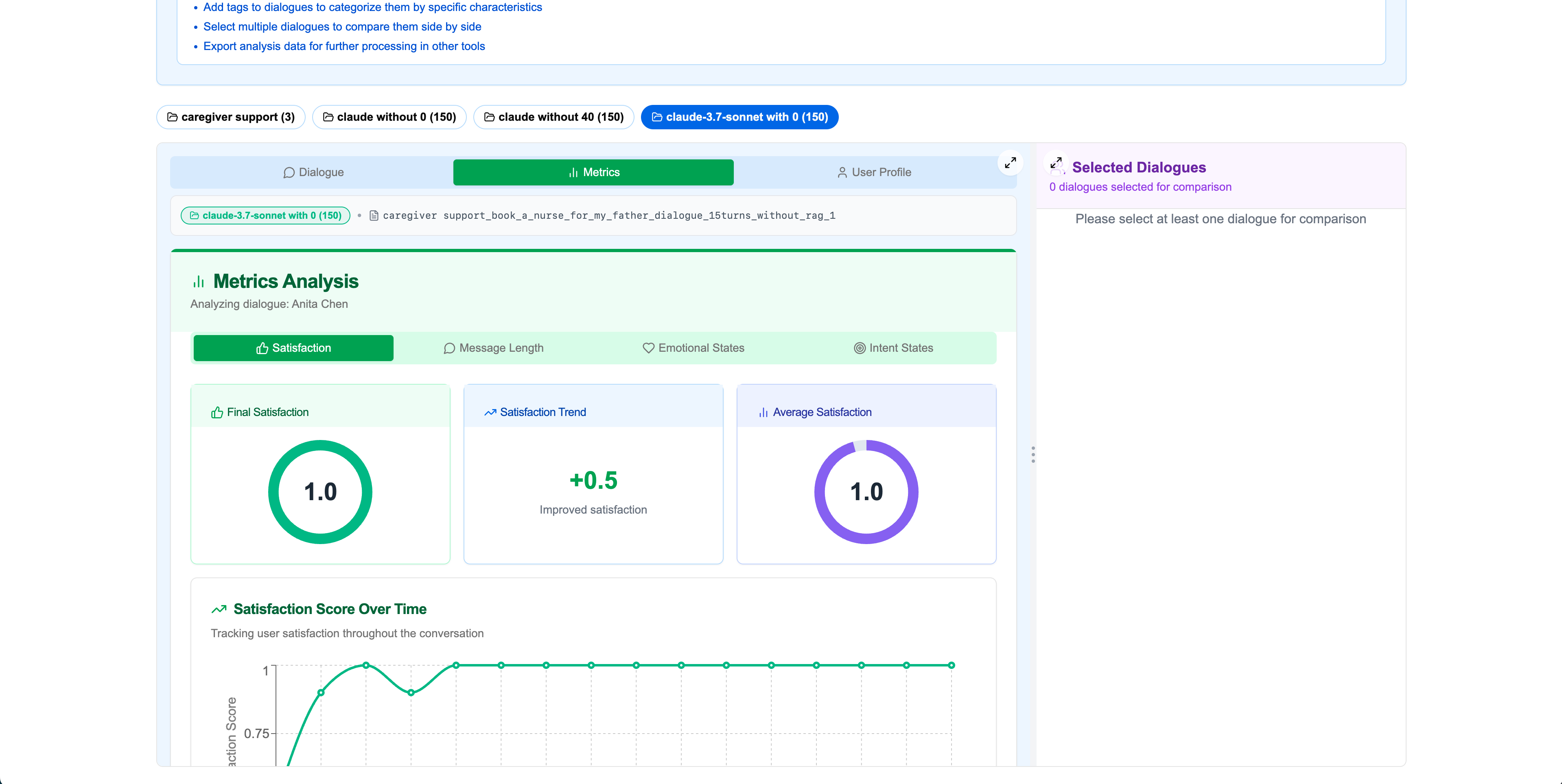 User detail view - satisfaction metrics tab